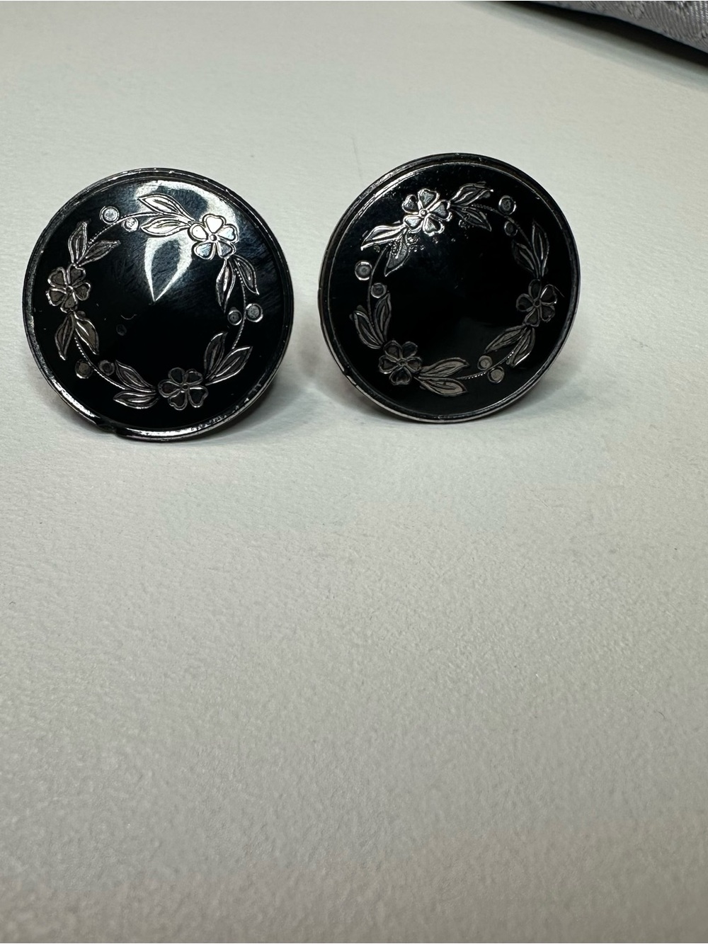 Black Floral Enamel Button Screw back Earrings - Classic Silver Detail